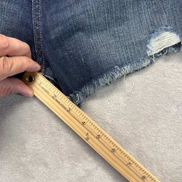 Express Shorts Women's 4 Shortie Super High Rise Blue Distressed Raw Hem Denim - Picture 7 of 11